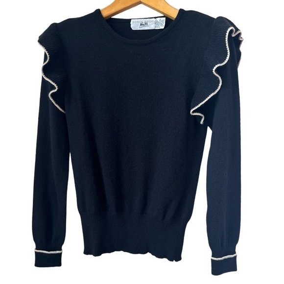 Sonia Rykiel 80s Vintage Knits Ruffled Trim Wool Blend Black Sweater Size Small - Picture 1 of 8